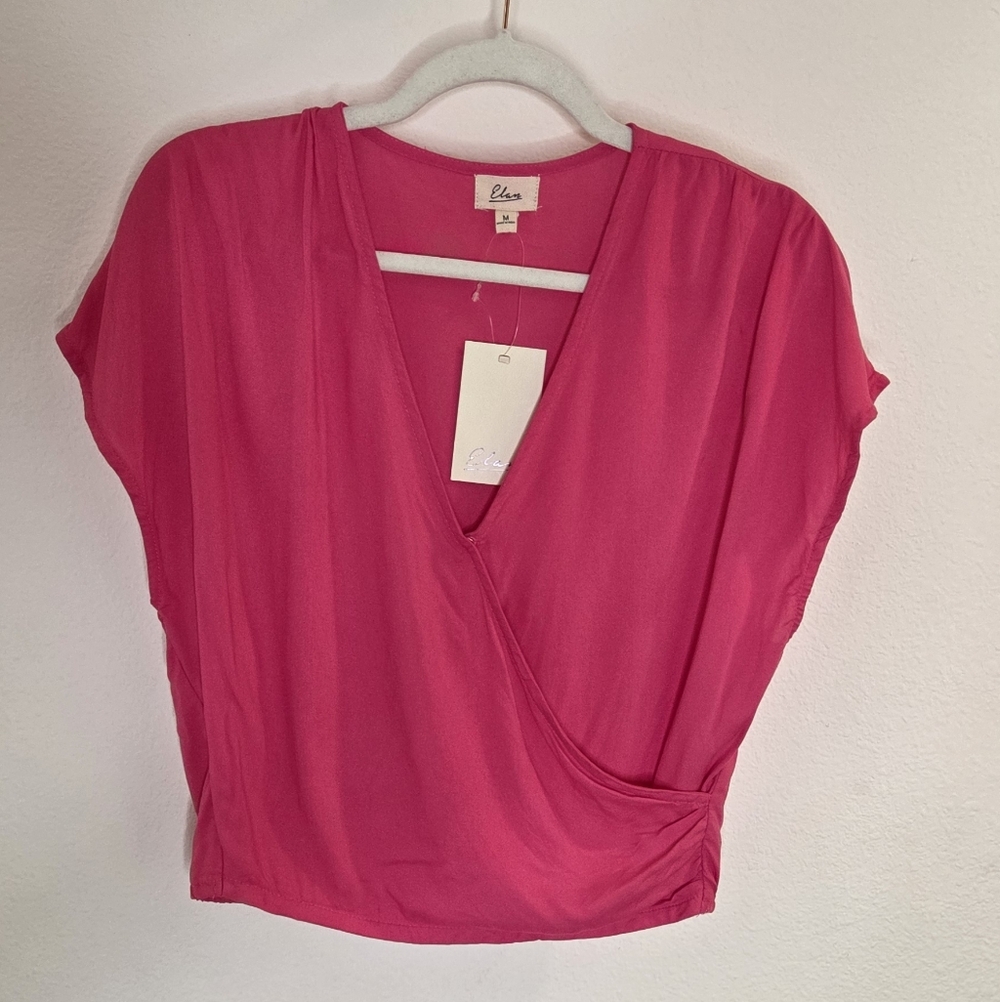 Elan Hot Pink Short-Sleeve Mock Wrap Top - Size Medium